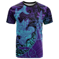 Hawaiian Volcano and Shark T Shirt Polynesian and Hibiscus Pattern Purple Cyan Gradient