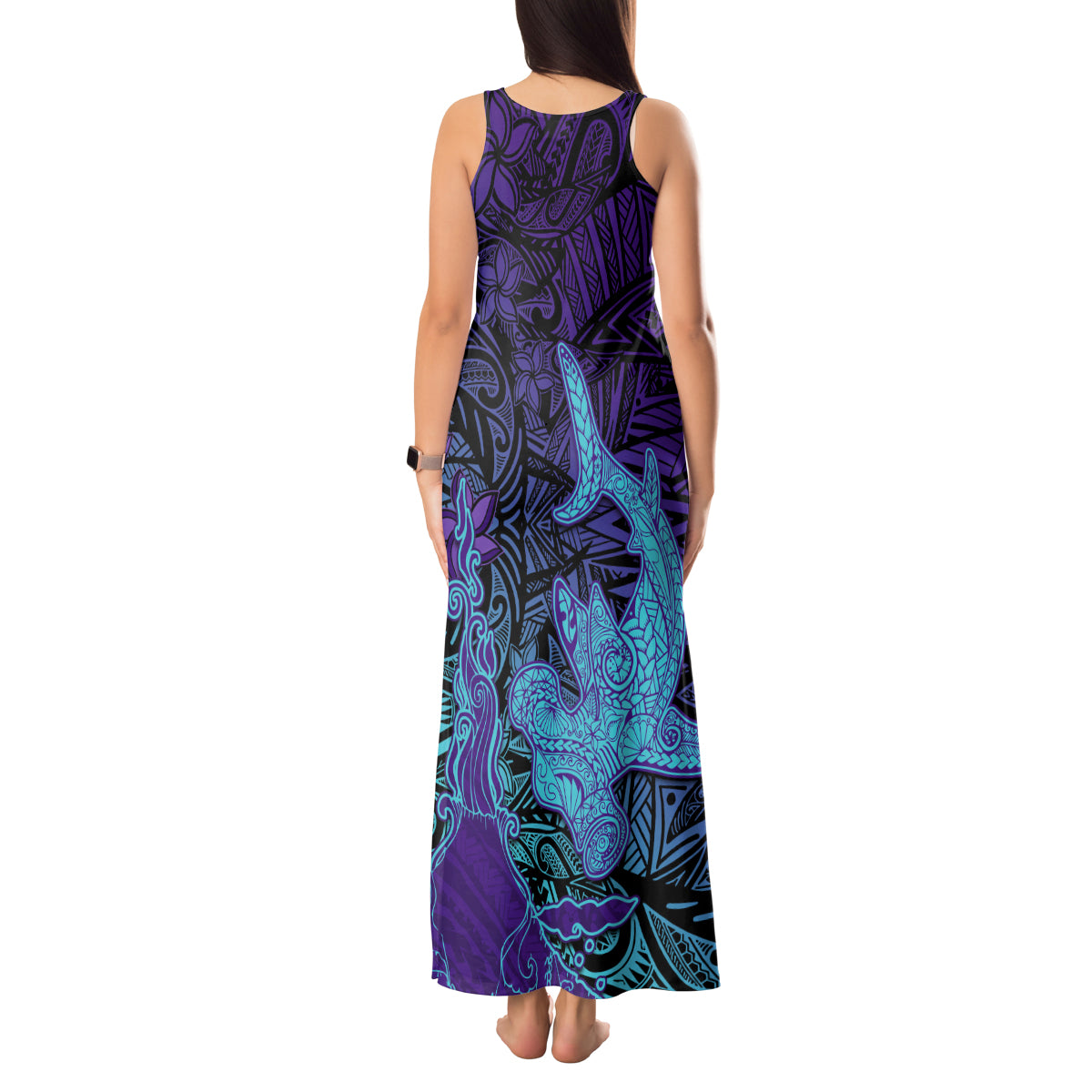Hawaiian Volcano and Shark Tank Maxi Dress Polynesian and Hibiscus Pattern Purple Cyan Gradient