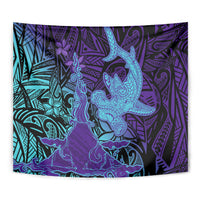 Hawaiian Volcano and Shark Tapestry Polynesian and Hibiscus Pattern Purple Cyan Gradient