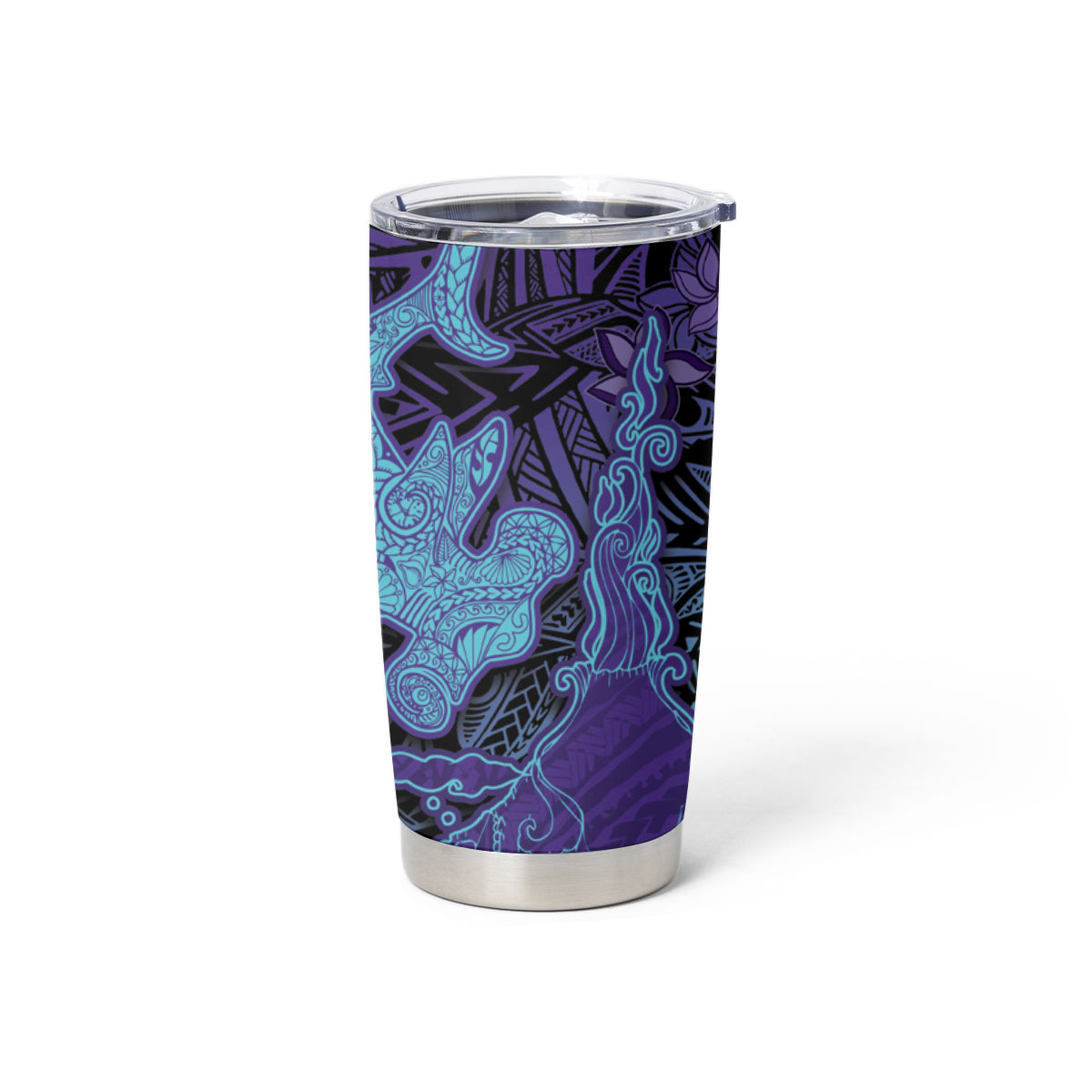 Hawaiian Volcano and Shark Tumbler Cup Polynesian and Hibiscus Pattern Purple Cyan Gradient