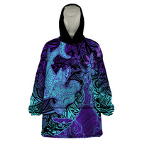 Hawaiian Volcano and Shark Wearable Blanket Hoodie Polynesian and Hibiscus Pattern Purple Cyan Gradient