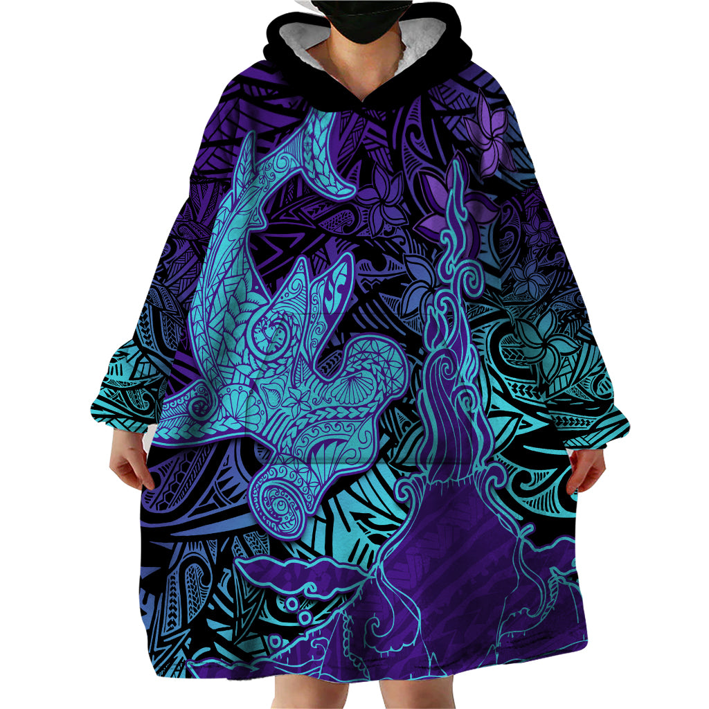 Hawaiian Volcano and Shark Wearable Blanket Hoodie Polynesian and Hibiscus Pattern Purple Cyan Gradient