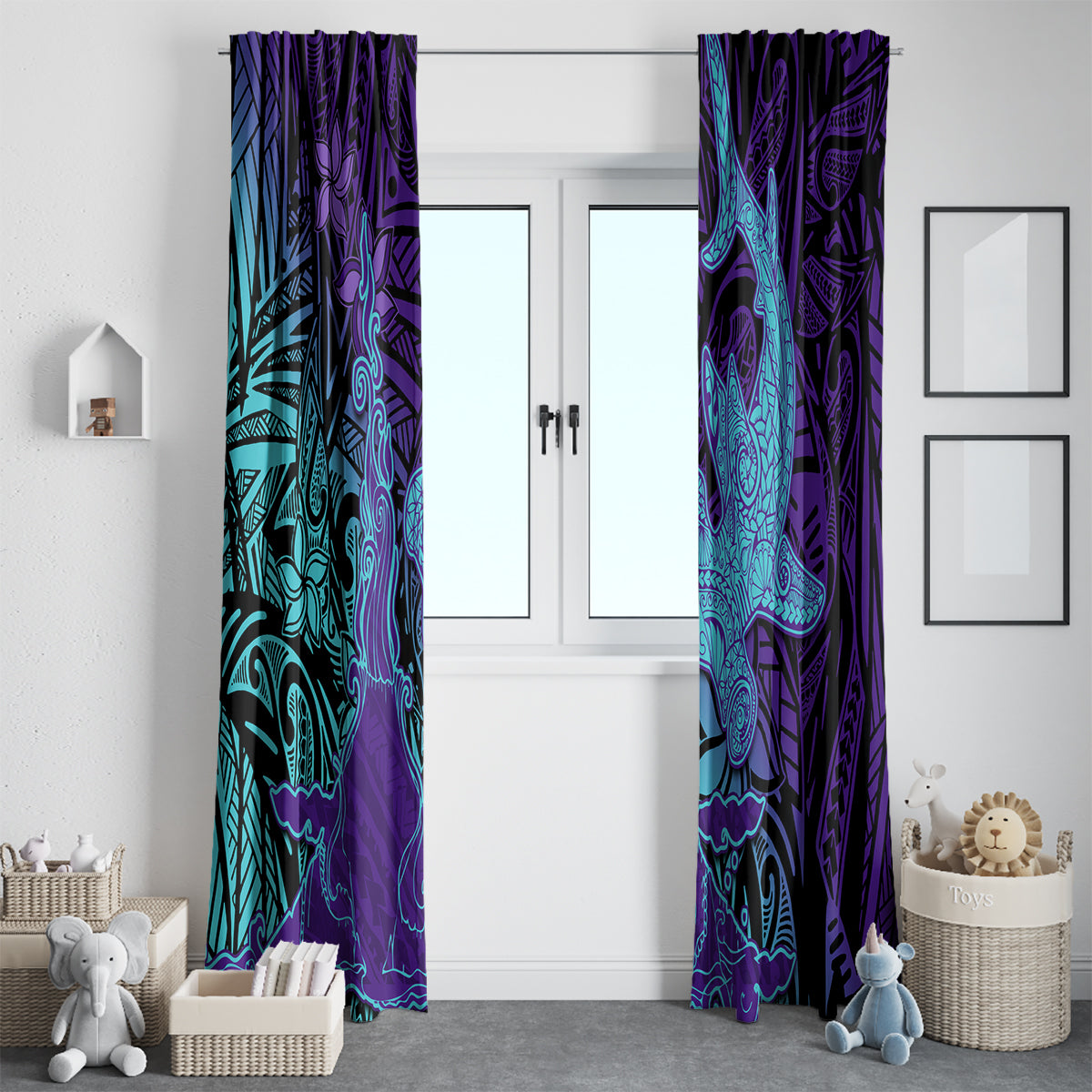 Hawaiian Volcano and Shark Window Curtain Polynesian and Hibiscus Pattern Purple Cyan Gradient