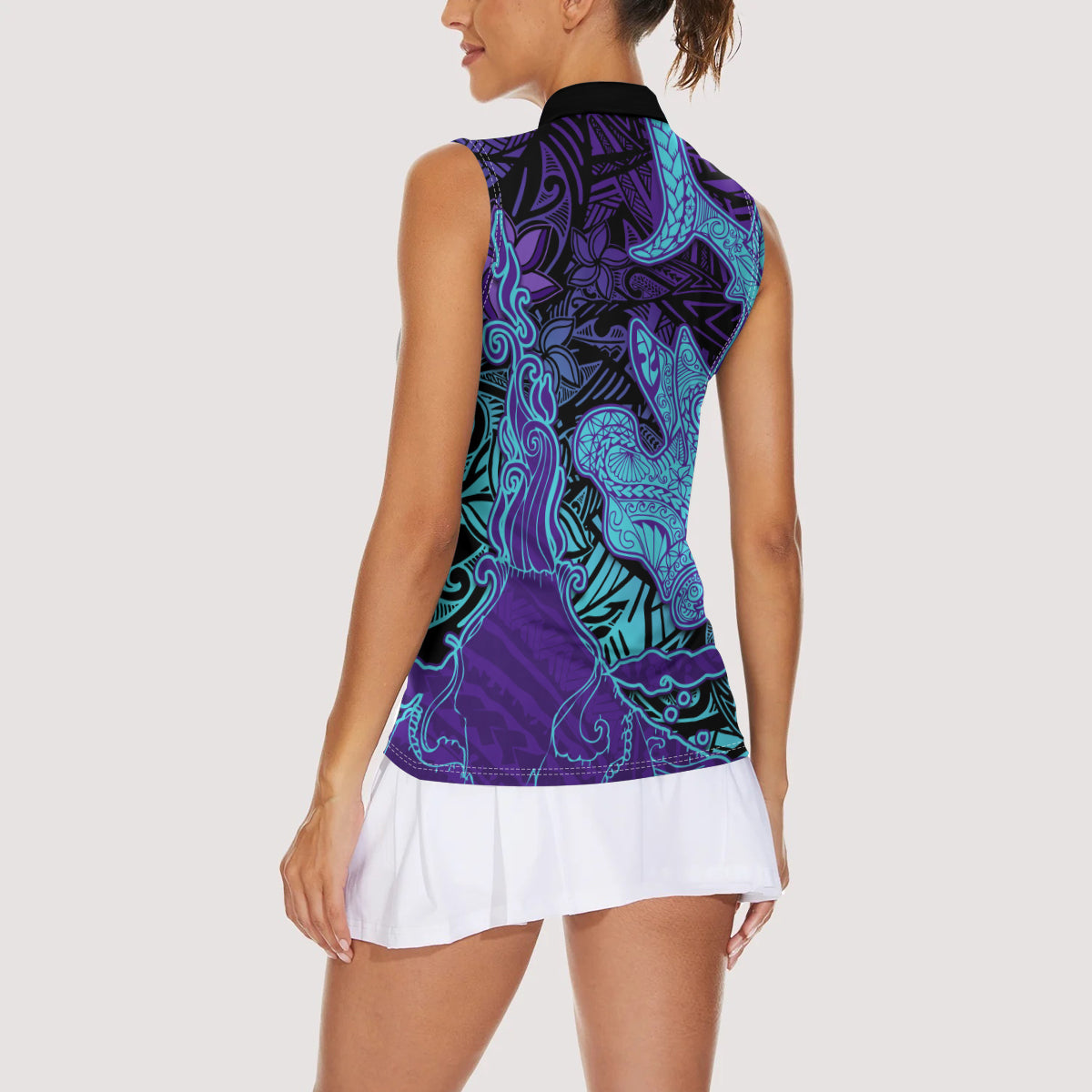 Hawaiian Volcano and Shark Women Sleeveless Polo Shirt Polynesian and Hibiscus Pattern Purple Cyan Gradient