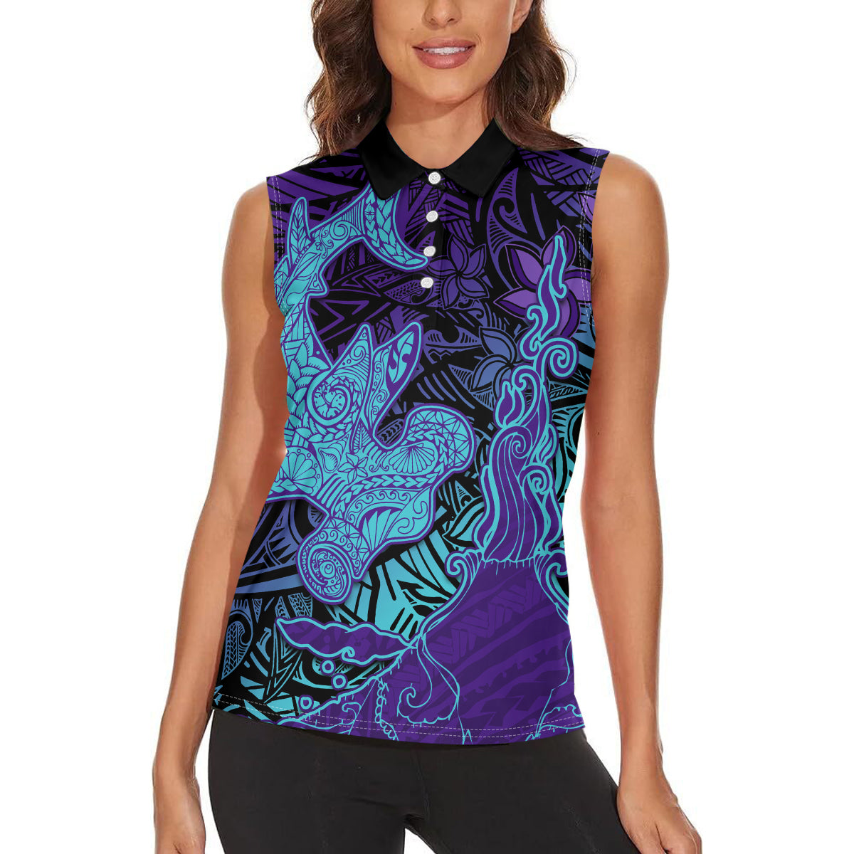 Hawaiian Volcano and Shark Women Sleeveless Polo Shirt Polynesian and Hibiscus Pattern Purple Cyan Gradient