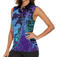 Hawaiian Volcano and Shark Women Sleeveless Polo Shirt Polynesian and Hibiscus Pattern Purple Cyan Gradient