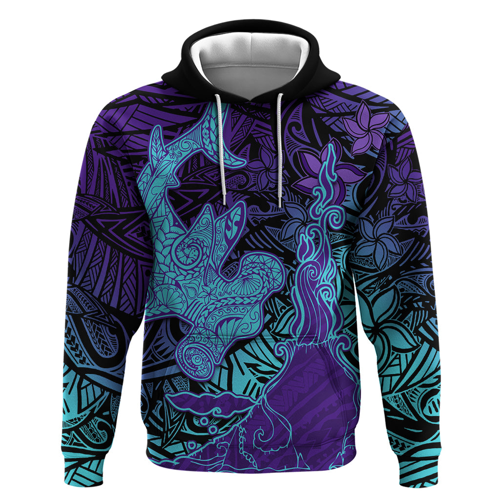 Hawaiian Volcano and Shark Zip Hoodie Polynesian and Hibiscus Pattern Purple Cyan Gradient