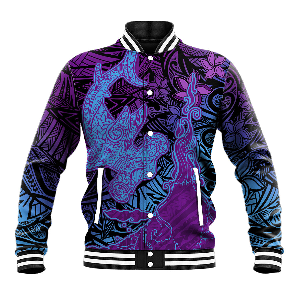 Hawaiian Volcano and Shark Baseball Jacket Polynesian and Hibiscus Pattern Violet Gradient