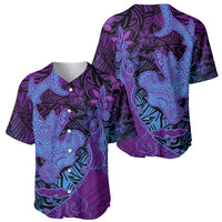 Hawaiian Volcano and Shark Baseball Jersey Polynesian and Hibiscus Pattern Violet Gradient