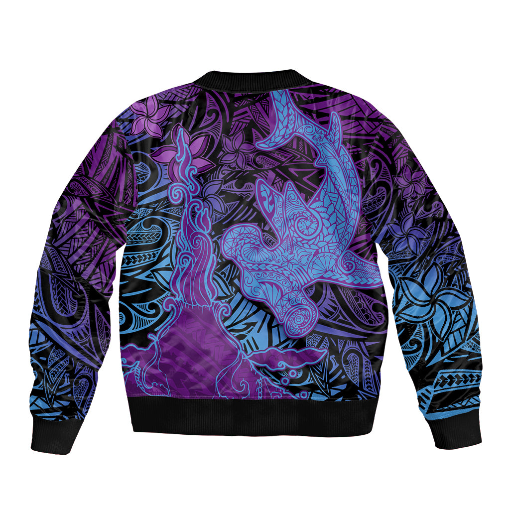 Hawaiian Volcano and Shark Bomber Jacket Polynesian and Hibiscus Pattern Violet Gradient