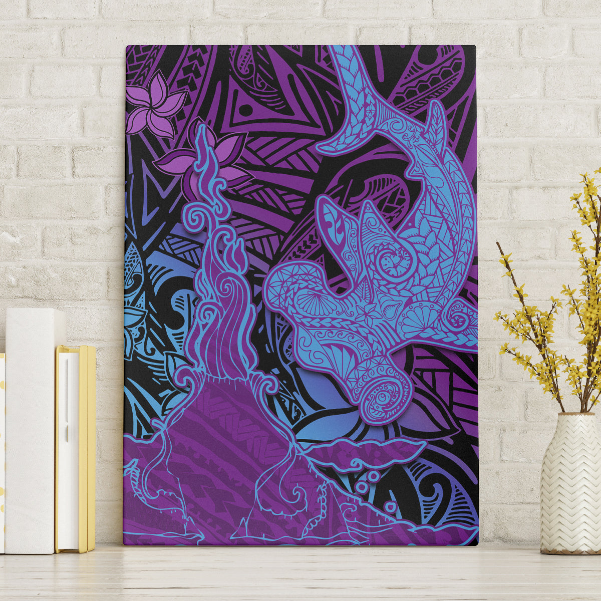 Hawaiian Volcano and Shark Canvas Wall Art Polynesian and Hibiscus Pattern Violet Gradient