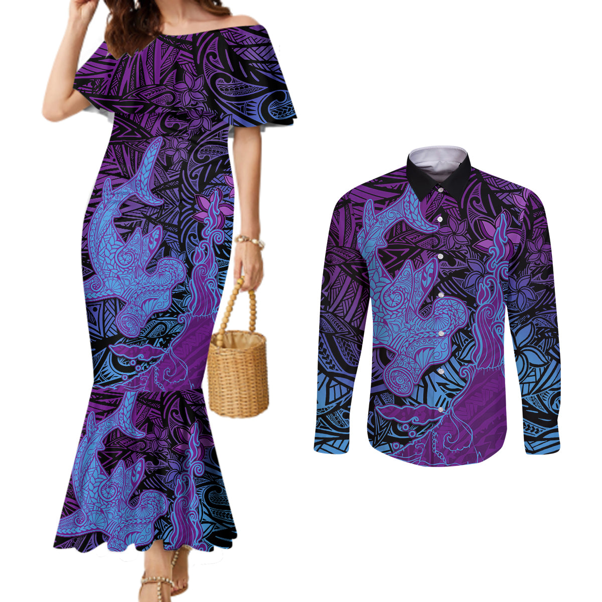 Hawaiian Volcano and Shark Couples Matching Mermaid Dress and Long Sleeve Button Shirt Polynesian and Hibiscus Pattern Violet Gradient