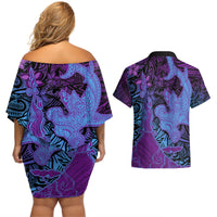 Hawaiian Volcano and Shark Couples Matching Off Shoulder Short Dress and Hawaiian Shirt Polynesian and Hibiscus Pattern Violet Gradient
