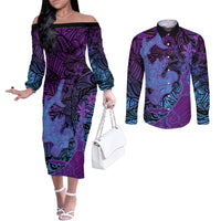 Hawaiian Volcano and Shark Couples Matching Off The Shoulder Long Sleeve Dress and Long Sleeve Button Shirt Polynesian and Hibiscus Pattern Violet Gradient