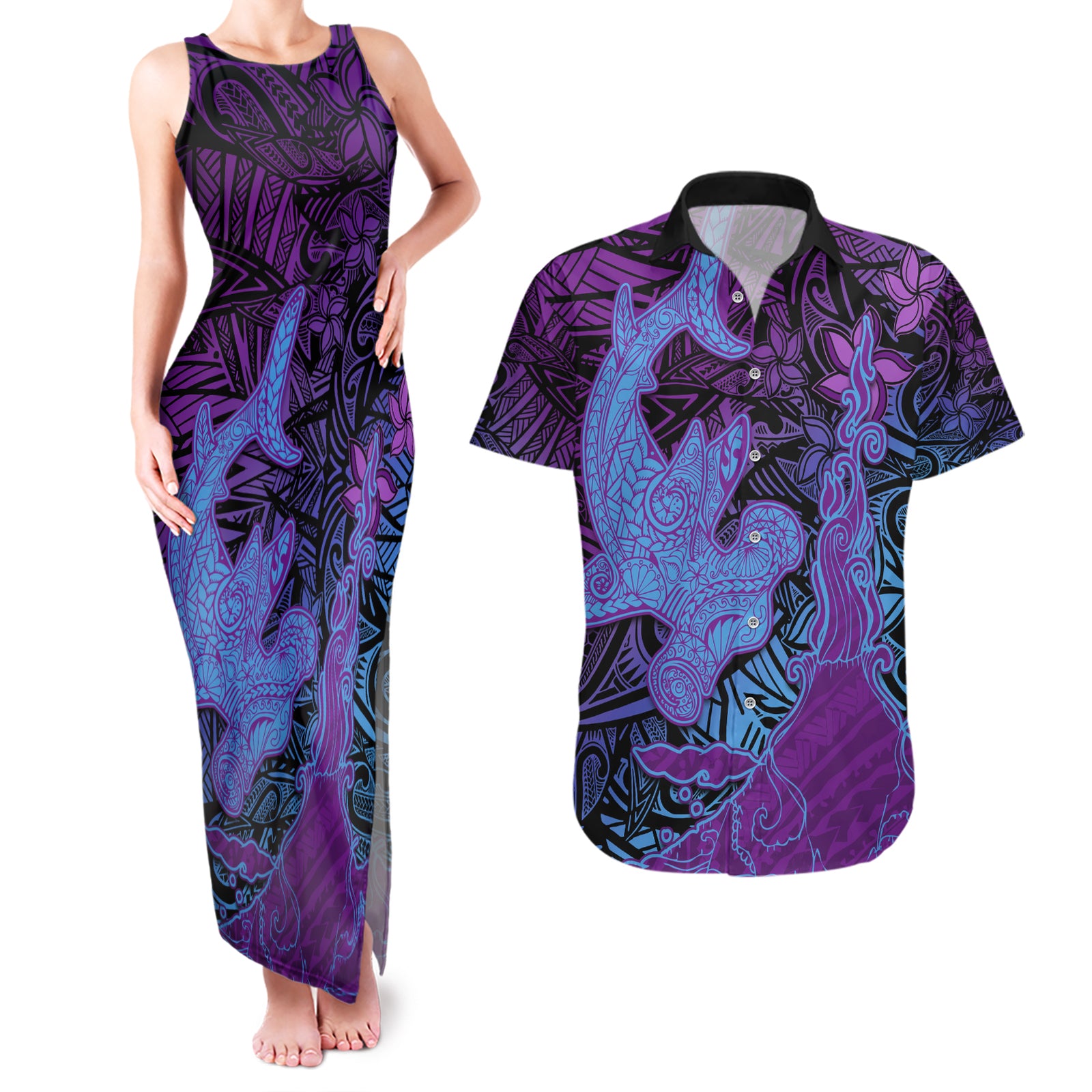 Hawaiian Volcano and Shark Couples Matching Tank Maxi Dress and Hawaiian Shirt Polynesian and Hibiscus Pattern Violet Gradient