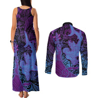 Hawaiian Volcano and Shark Couples Matching Tank Maxi Dress and Long Sleeve Button Shirt Polynesian and Hibiscus Pattern Violet Gradient