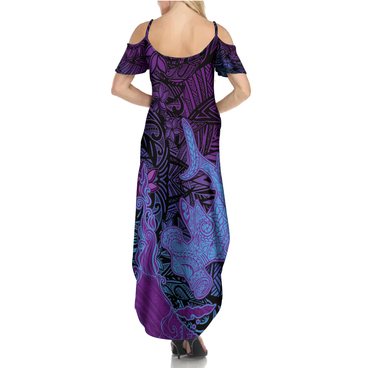 Hawaiian Volcano and Shark Family Matching Summer Maxi Dress and Hawaiian Shirt Polynesian and Hibiscus Pattern Violet Gradient