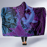 Hawaiian Volcano and Shark Hooded Blanket Polynesian and Hibiscus Pattern Violet Gradient