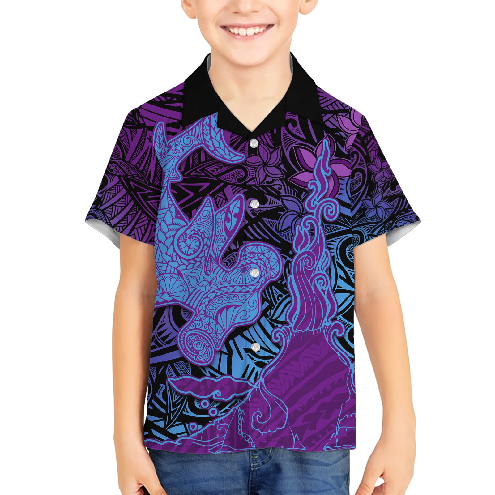 Hawaiian Volcano and Shark Kid Hawaiian Shirt Polynesian and Hibiscus Pattern Violet Gradient