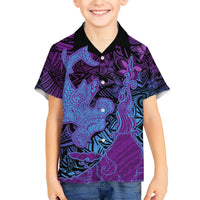 Hawaiian Volcano and Shark Kid Hawaiian Shirt Polynesian and Hibiscus Pattern Violet Gradient