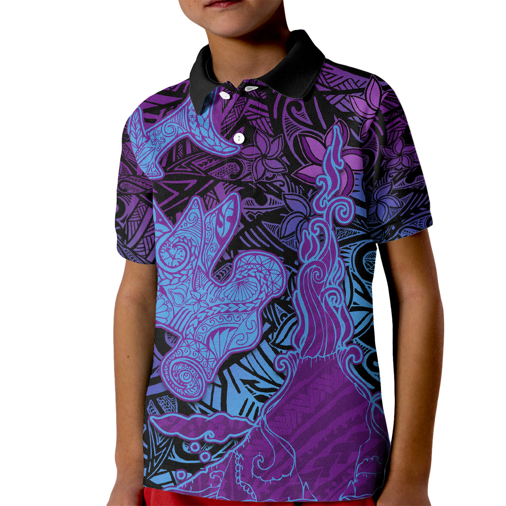 Hawaiian Volcano and Shark Kid Polo Shirt Polynesian and Hibiscus Pattern Violet Gradient