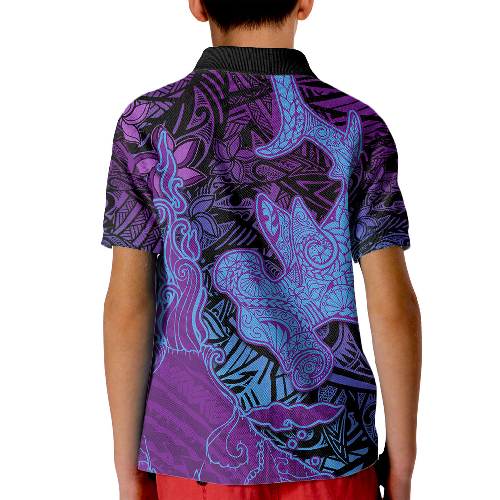 Hawaiian Volcano and Shark Kid Polo Shirt Polynesian and Hibiscus Pattern Violet Gradient