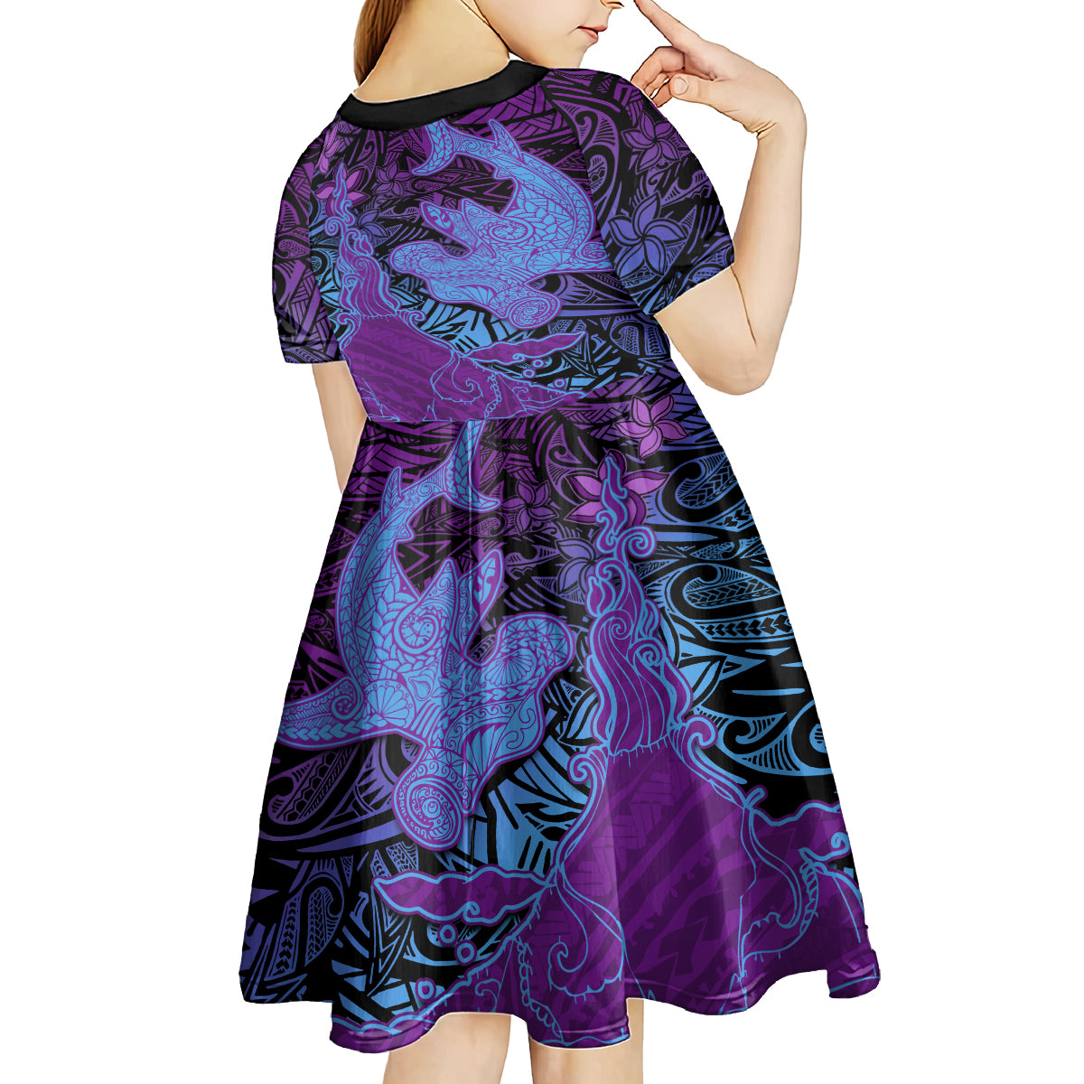 Hawaiian Volcano and Shark Kid Short Sleeve Dress Polynesian and Hibiscus Pattern Violet Gradient