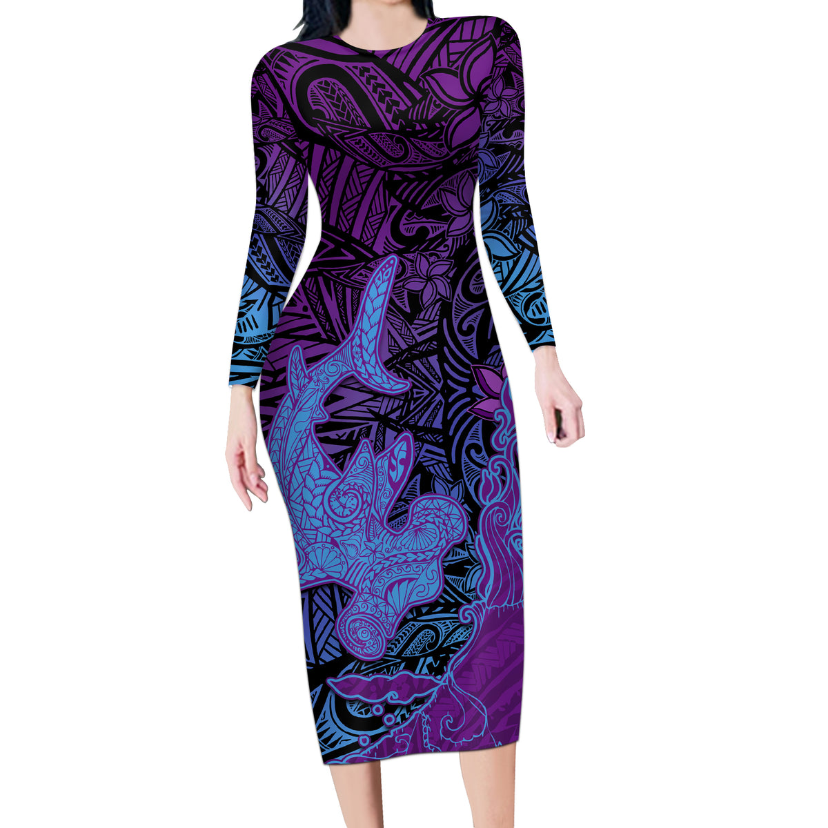 Hawaiian Volcano and Shark Long Sleeve Bodycon Dress Polynesian and Hibiscus Pattern Violet Gradient