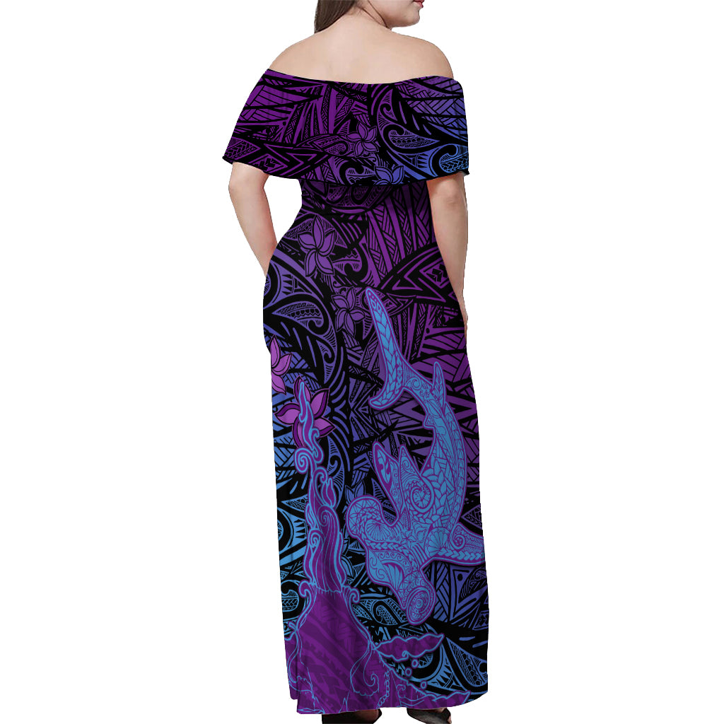 Hawaiian Volcano and Shark Off Shoulder Maxi Dress Polynesian and Hibiscus Pattern Violet Gradient