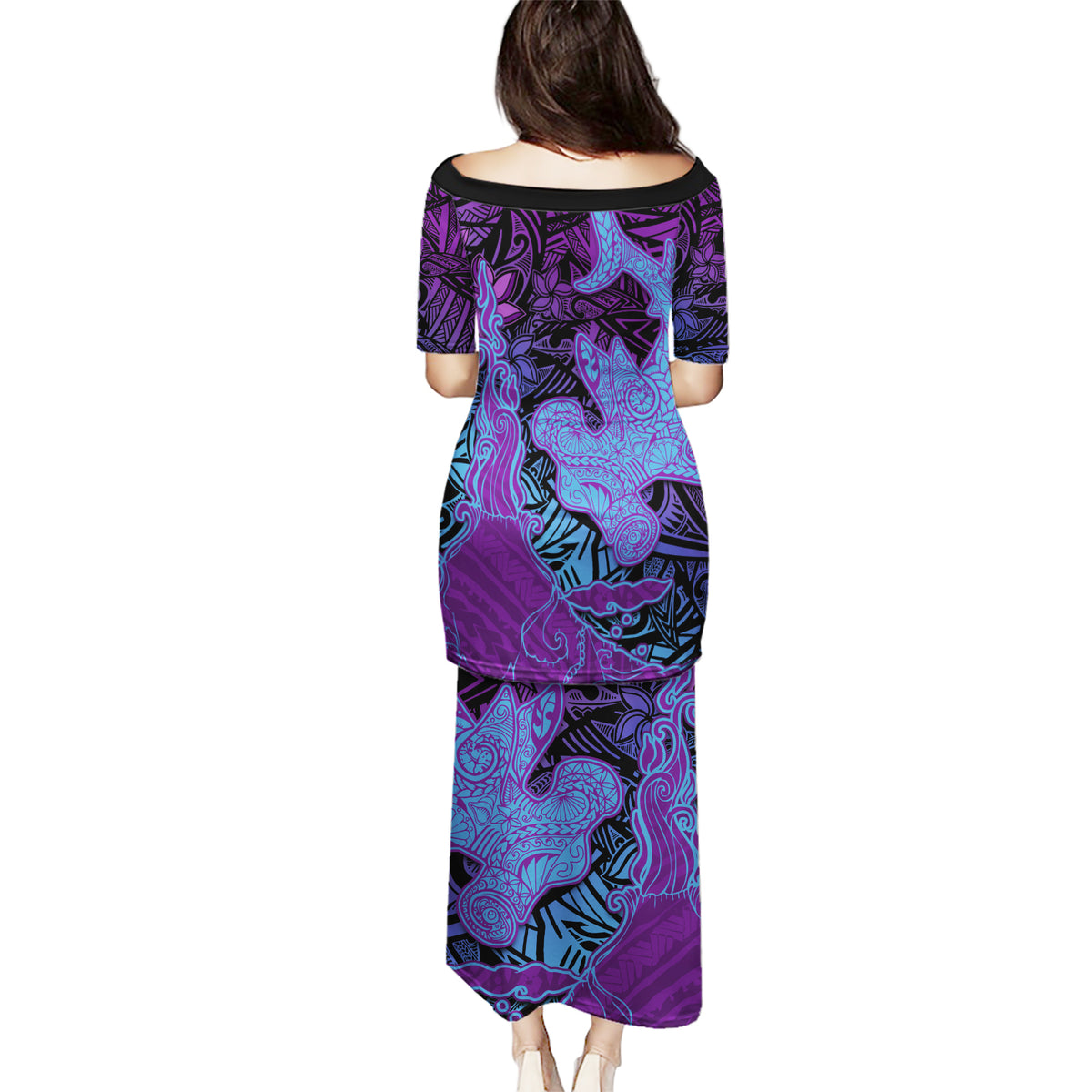 Hawaiian Volcano and Shark Puletasi Polynesian and Hibiscus Pattern Violet Gradient