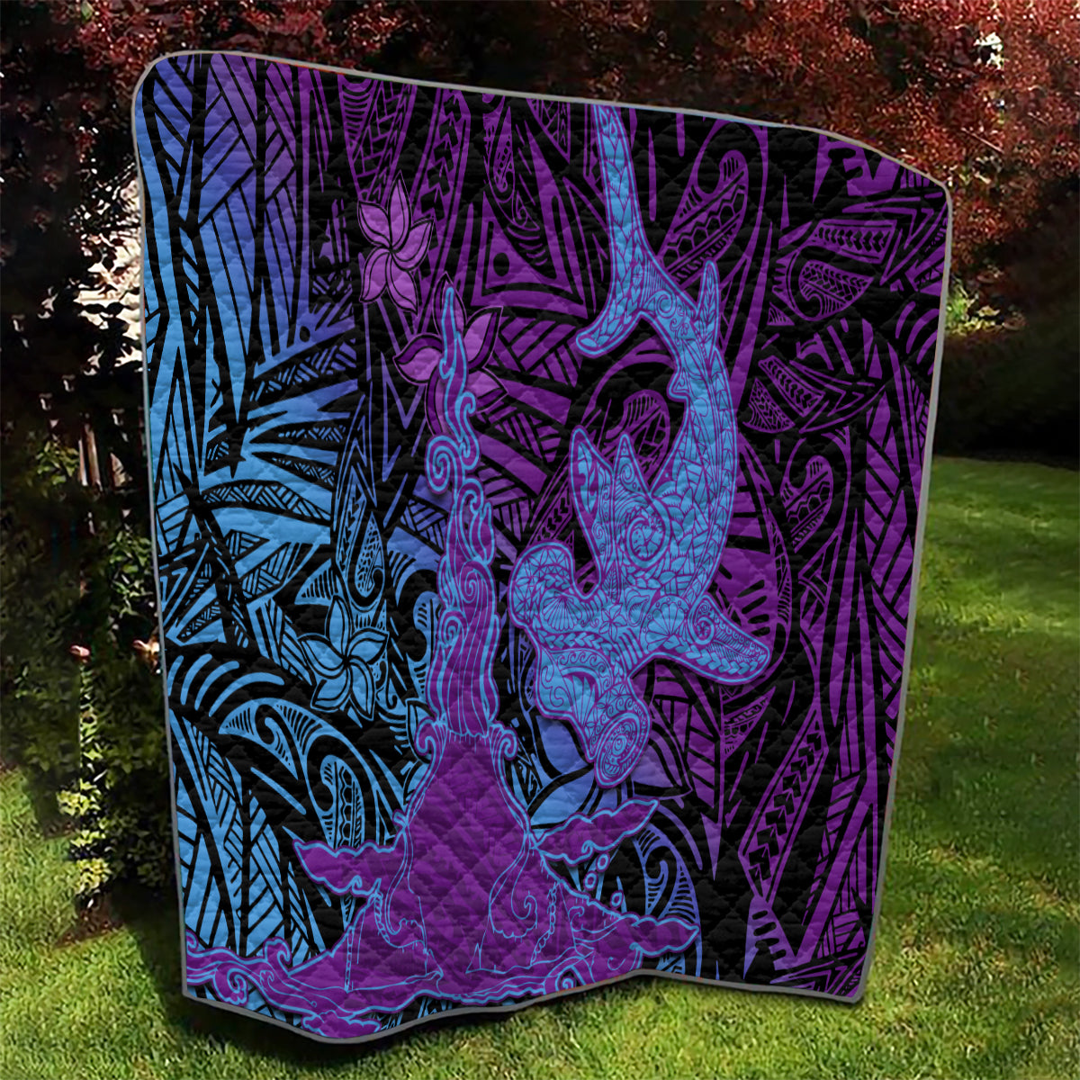 Hawaiian Volcano and Shark Quilt Polynesian and Hibiscus Pattern Violet Gradient