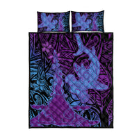 Hawaiian Volcano and Shark Quilt Bed Set Polynesian and Hibiscus Pattern Violet Gradient