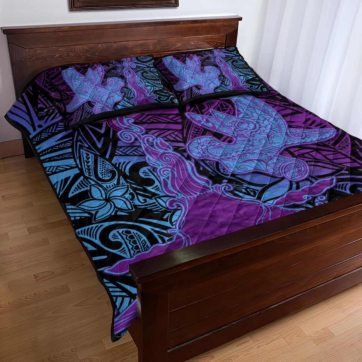 Hawaiian Volcano and Shark Quilt Bed Set Polynesian and Hibiscus Pattern Violet Gradient