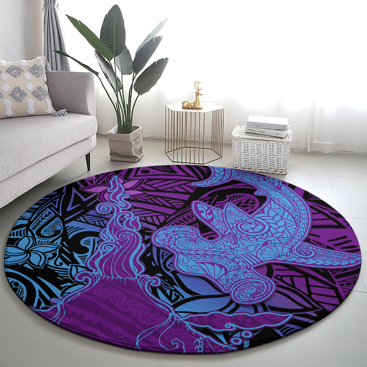 Hawaiian Volcano and Shark Round Carpet Polynesian and Hibiscus Pattern Violet Gradient