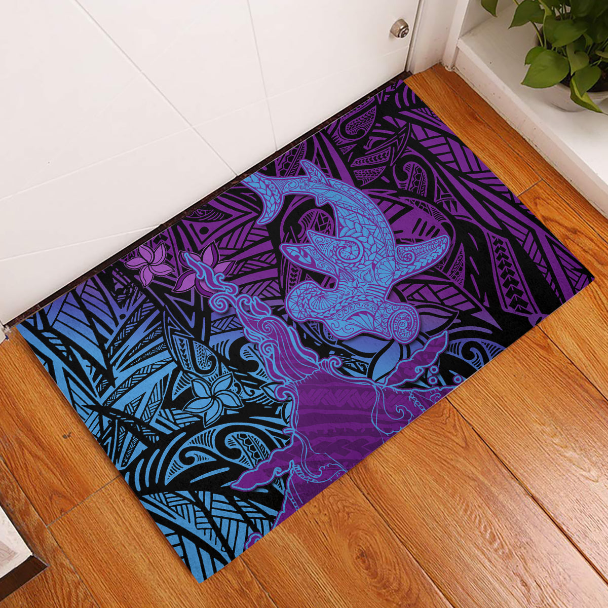 Hawaiian Volcano and Shark Rubber Doormat Polynesian and Hibiscus Pattern Violet Gradient
