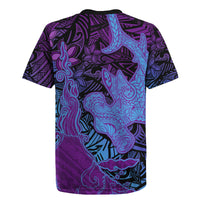 Hawaiian Volcano and Shark Rugby Jersey Polynesian and Hibiscus Pattern Violet Gradient