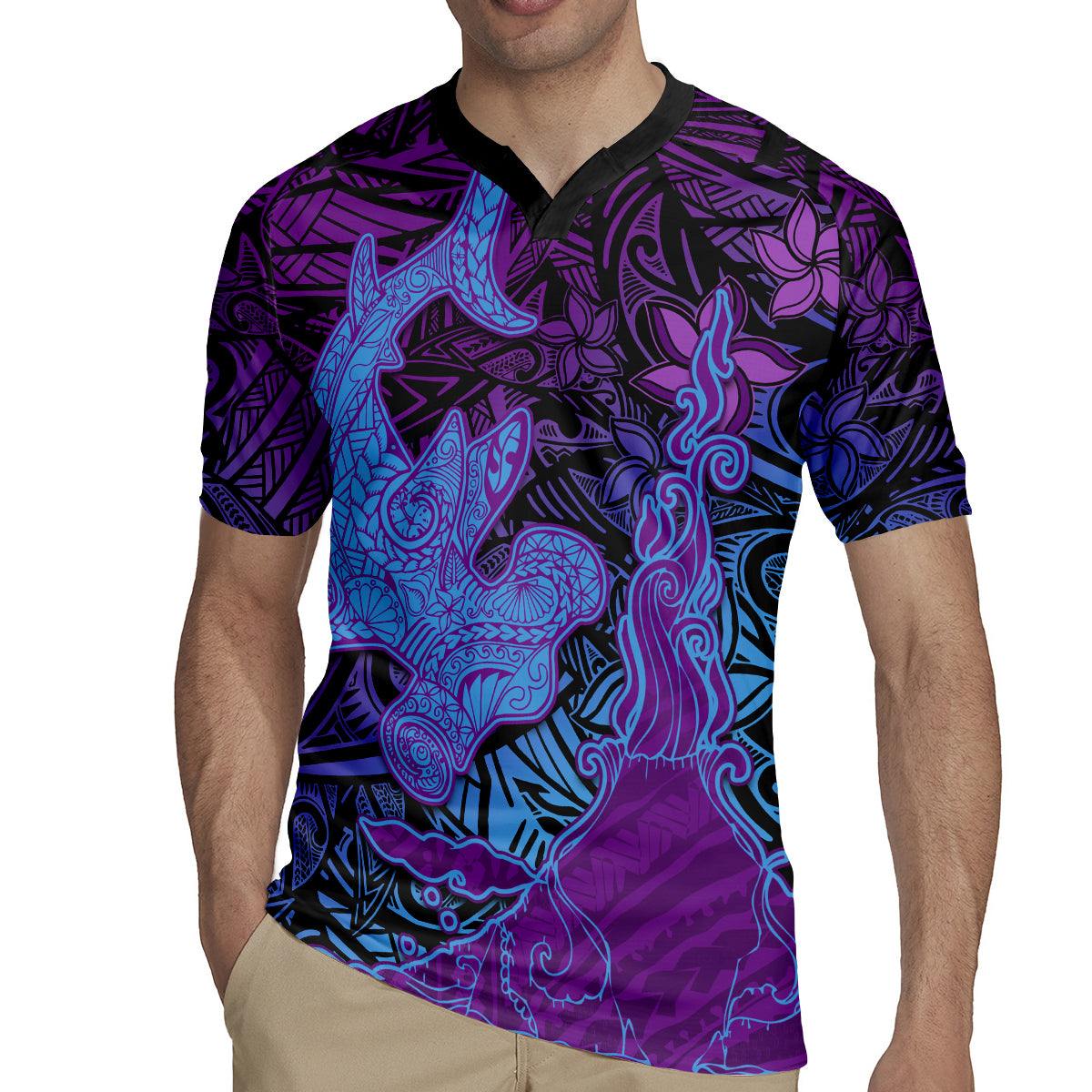 Hawaiian Volcano and Shark Rugby Jersey Polynesian and Hibiscus Pattern Violet Gradient