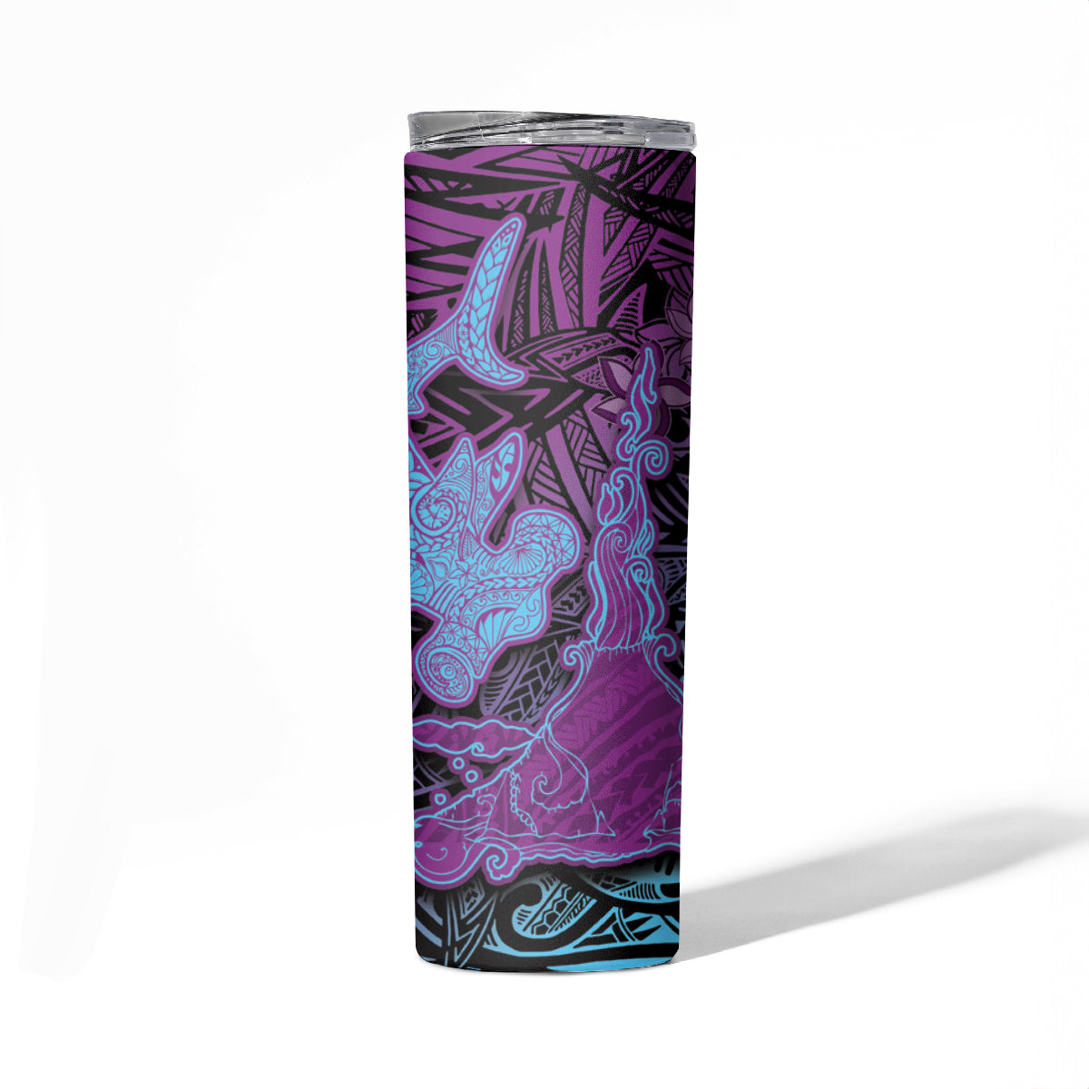 Hawaiian Volcano and Shark Skinny Tumbler Polynesian and Hibiscus Pattern Violet Gradient