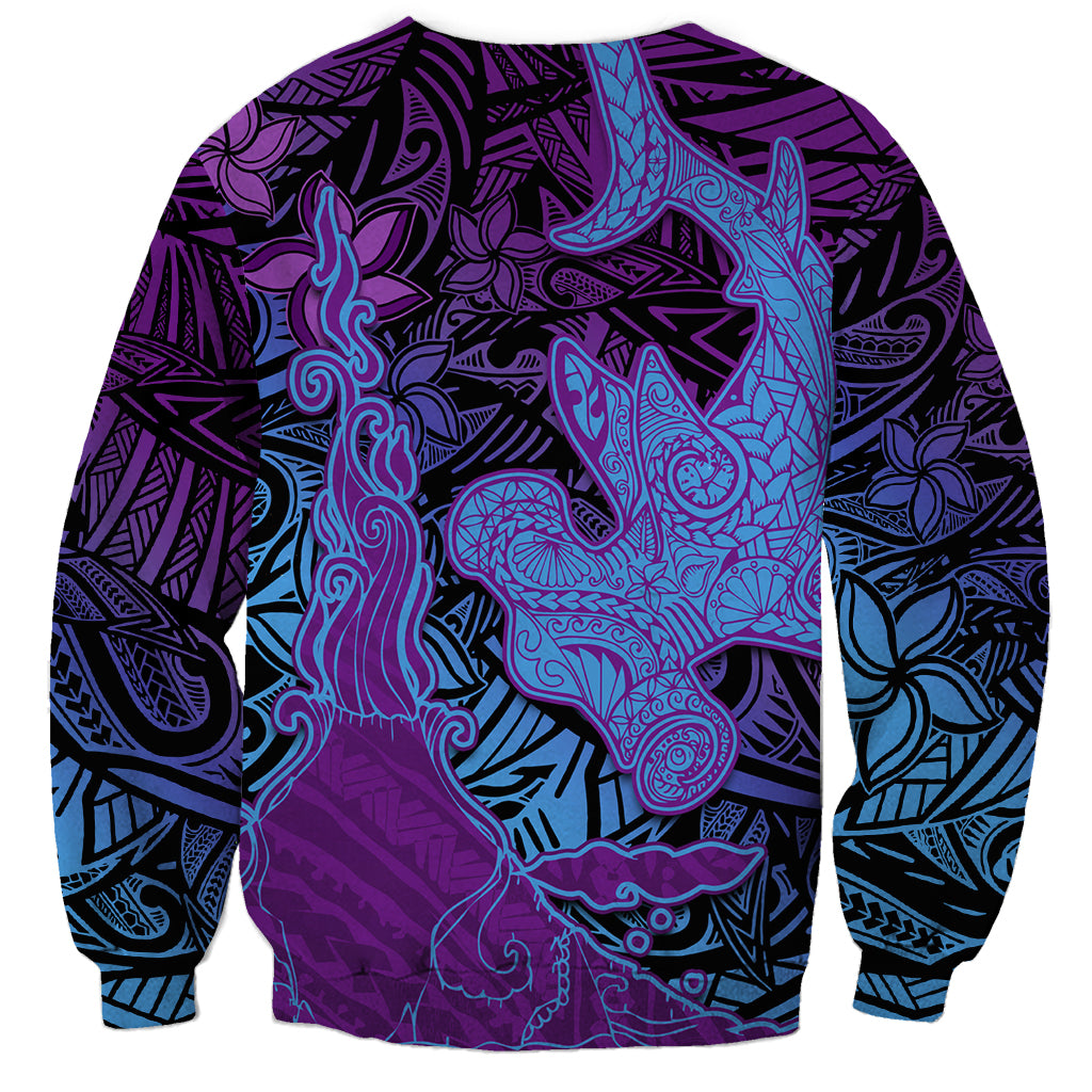 Hawaiian Volcano and Shark Sweatshirt Polynesian and Hibiscus Pattern Violet Gradient