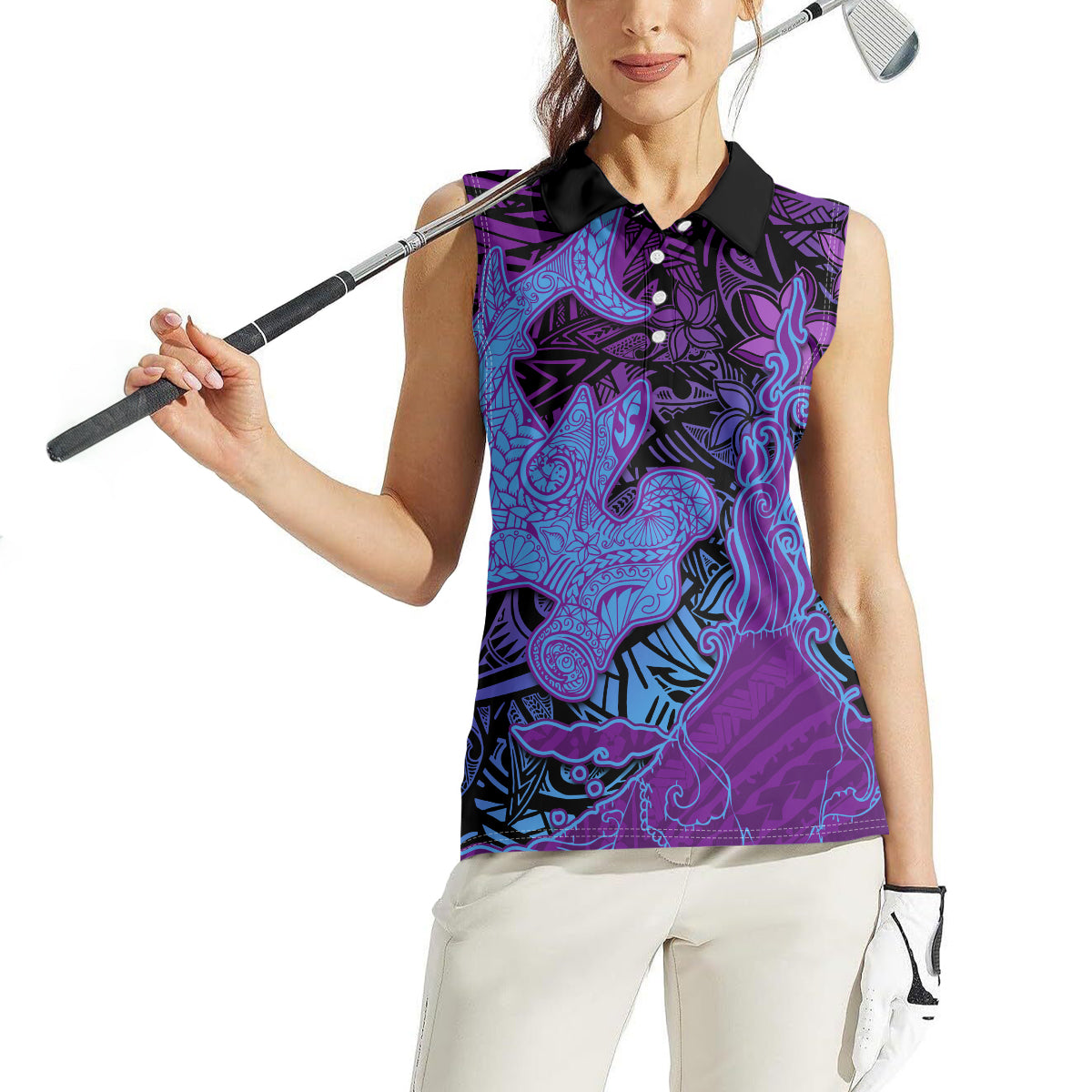 Hawaiian Volcano and Shark Women Sleeveless Polo Shirt Polynesian and Hibiscus Pattern Violet Gradient