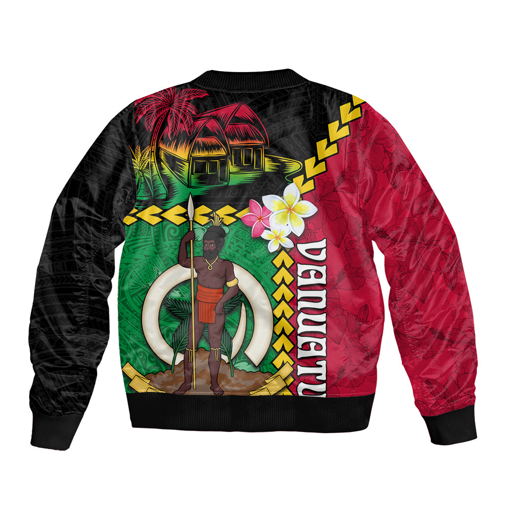 Vanuatu Nakamal and Plumeria Flowers Bomber Jacket Polynesian Pattern