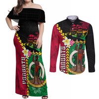 Vanuatu Nakamal and Plumeria Flowers Couples Matching Off Shoulder Maxi Dress and Long Sleeve Button Shirt Polynesian Pattern LT03 Black - Polynesian Pride