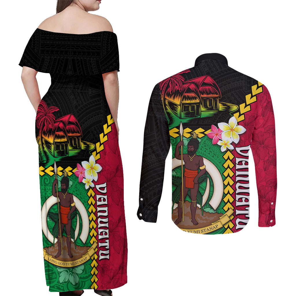 Vanuatu Nakamal and Plumeria Flowers Couples Matching Off Shoulder Maxi Dress and Long Sleeve Button Shirt Polynesian Pattern LT03 - Polynesian Pride
