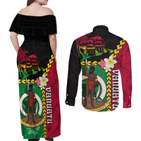 Vanuatu Nakamal and Plumeria Flowers Couples Matching Off Shoulder Maxi Dress and Long Sleeve Button Shirt Polynesian Pattern LT03 - Polynesian Pride