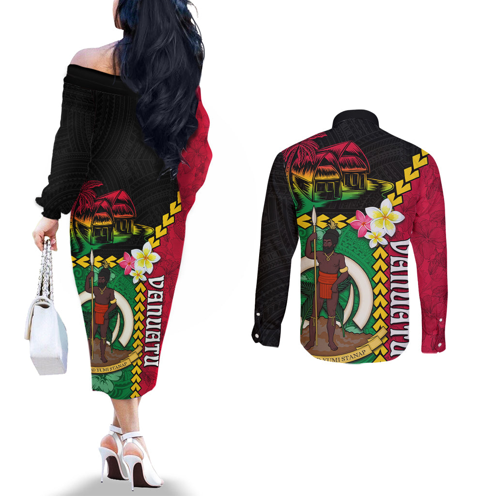 Vanuatu Nakamal and Plumeria Flowers Couples Matching Off The Shoulder Long Sleeve Dress and Long Sleeve Button Shirt Polynesian Pattern