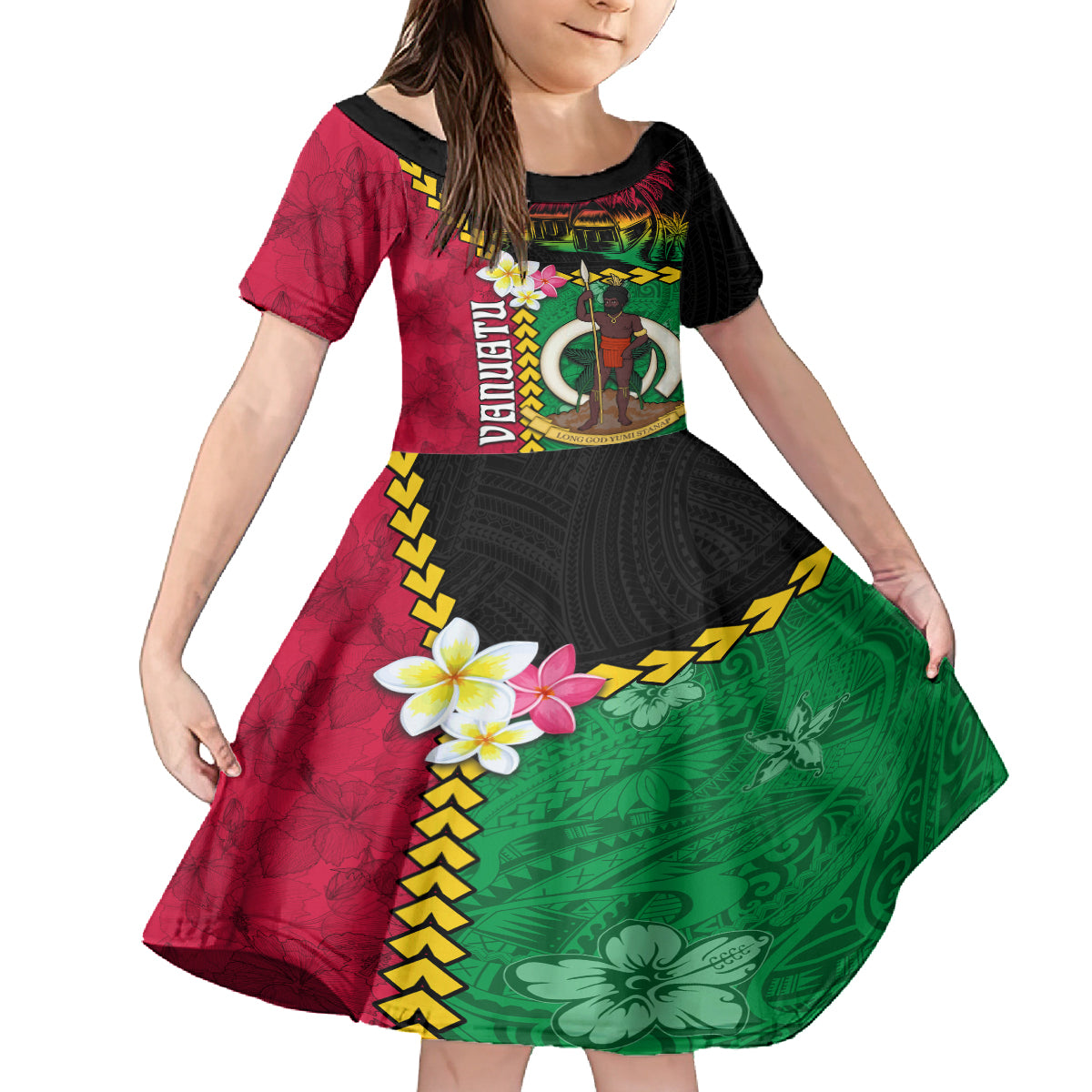 Vanuatu Nakamal and Plumeria Flowers Family Matching Long Sleeve Bodycon Dress and Hawaiian Shirt Polynesian Pattern