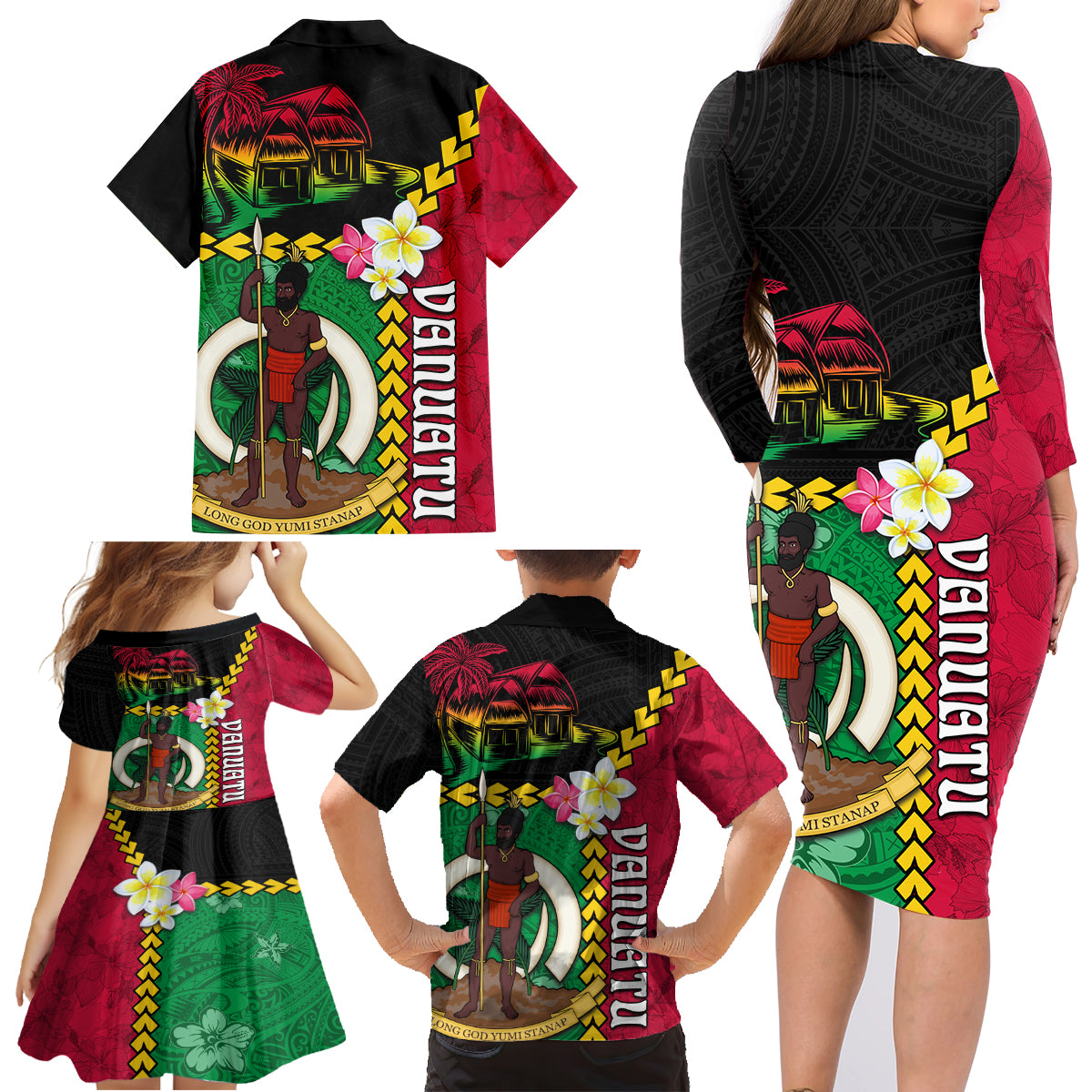 Vanuatu Nakamal and Plumeria Flowers Family Matching Long Sleeve Bodycon Dress and Hawaiian Shirt Polynesian Pattern