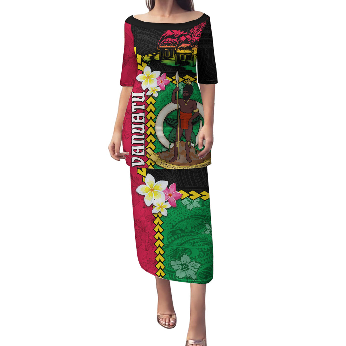 Vanuatu Nakamal and Plumeria Flowers Family Matching Puletasi and Hawaiian Shirt Polynesian Pattern