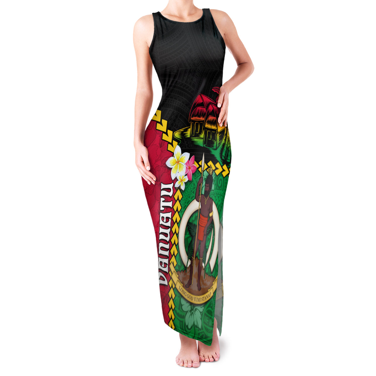 Vanuatu Nakamal and Plumeria Flowers Family Matching Tank Maxi Dress and Hawaiian Shirt Polynesian Pattern