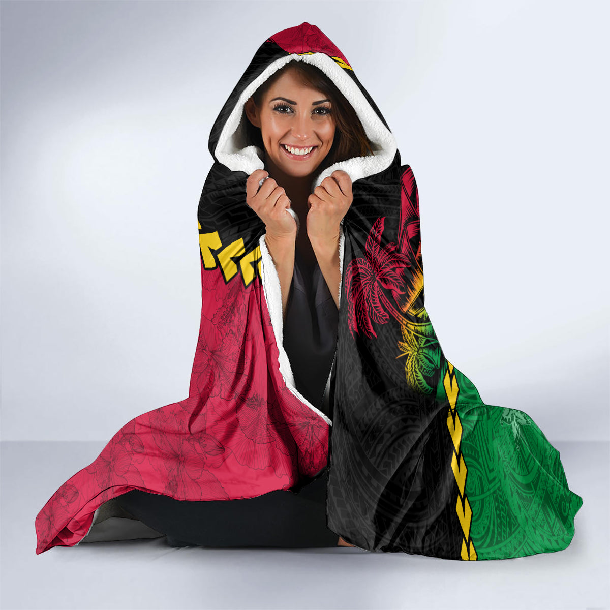 Vanuatu Nakamal and Plumeria Flowers Hooded Blanket Polynesian Pattern